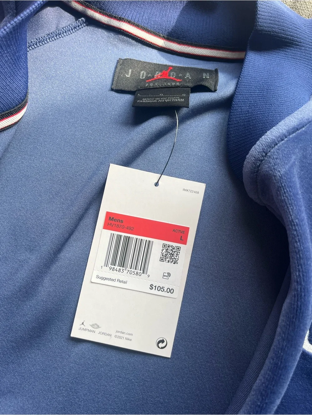 NWT Nike Jordan Brooklyn Men's Velour Track Jacket Blue Void Men’s Large